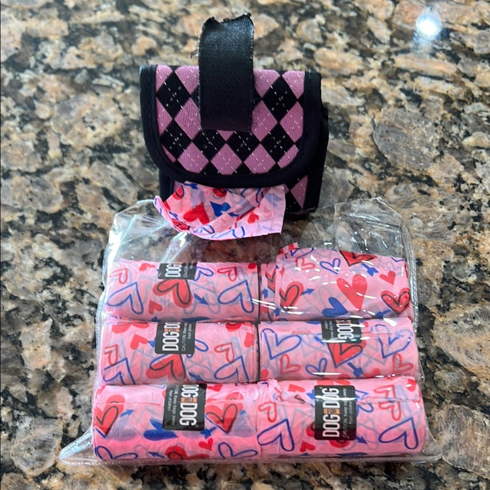 Pink and Black Argyle Dog Waste Bag Holder & 6 Rolls of bags